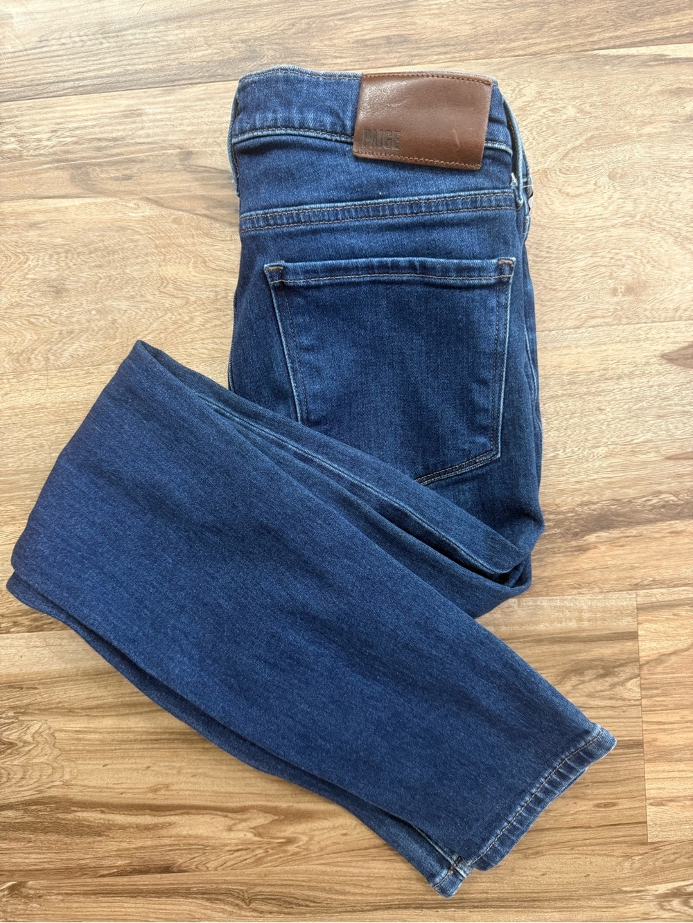 PAIGE Women's Dark Blue Skinny Jeans Croft with Brown Leather Patch